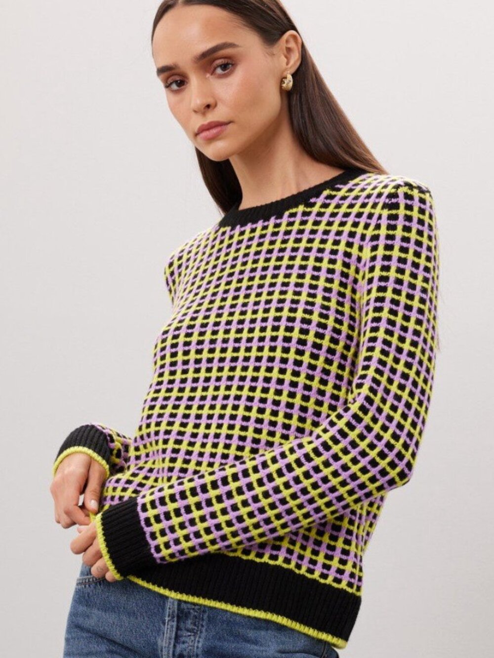 Chinti & Parker Retro Check Wool Cashmere Sweater L Black Green Purple